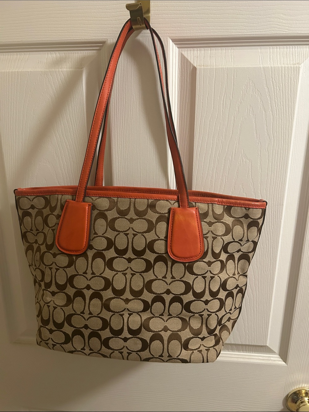 Coach Beige/Brown Signature Tote with Orange Trim - Picture 2 of 13
